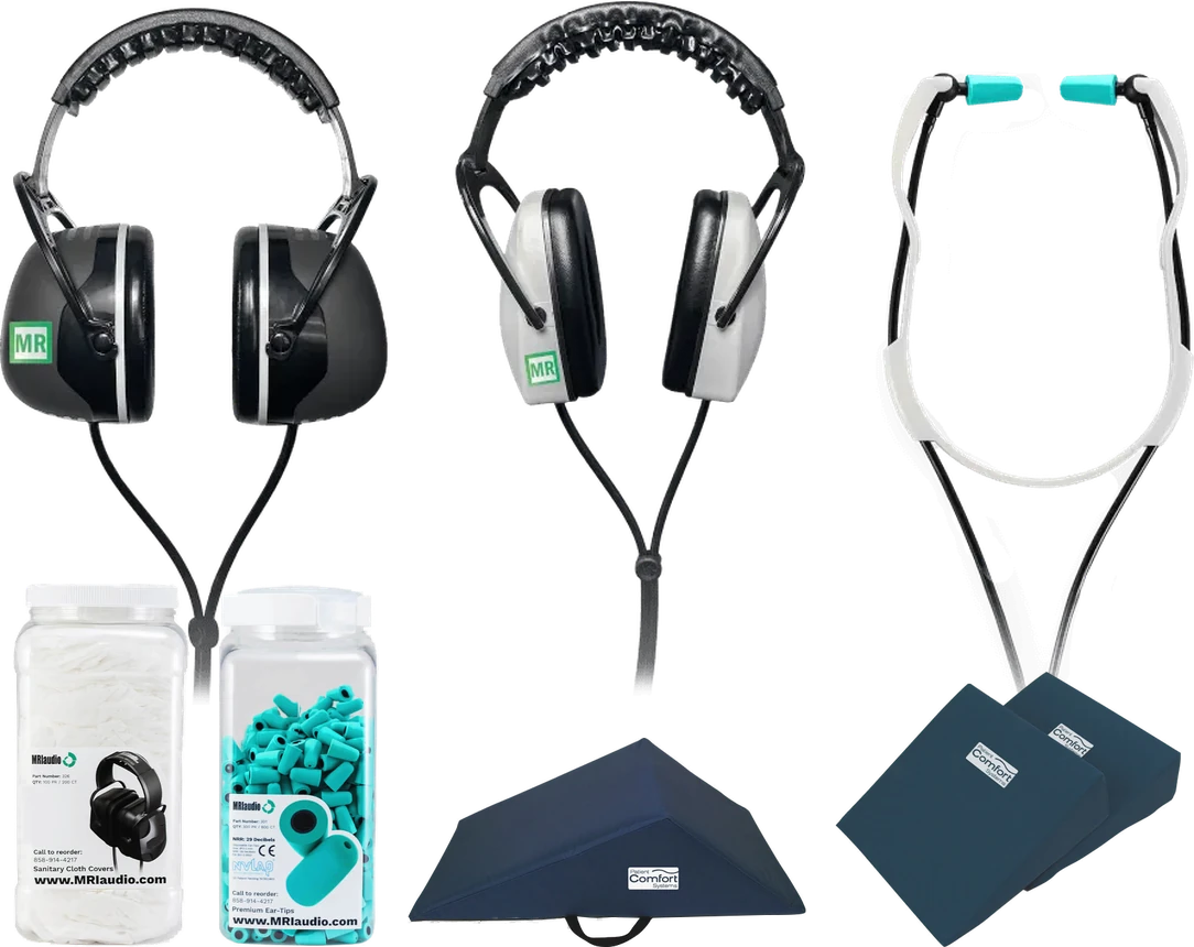MRI headphones (over-ear, slimline, in-ear), disposable cloth covers and ear tips