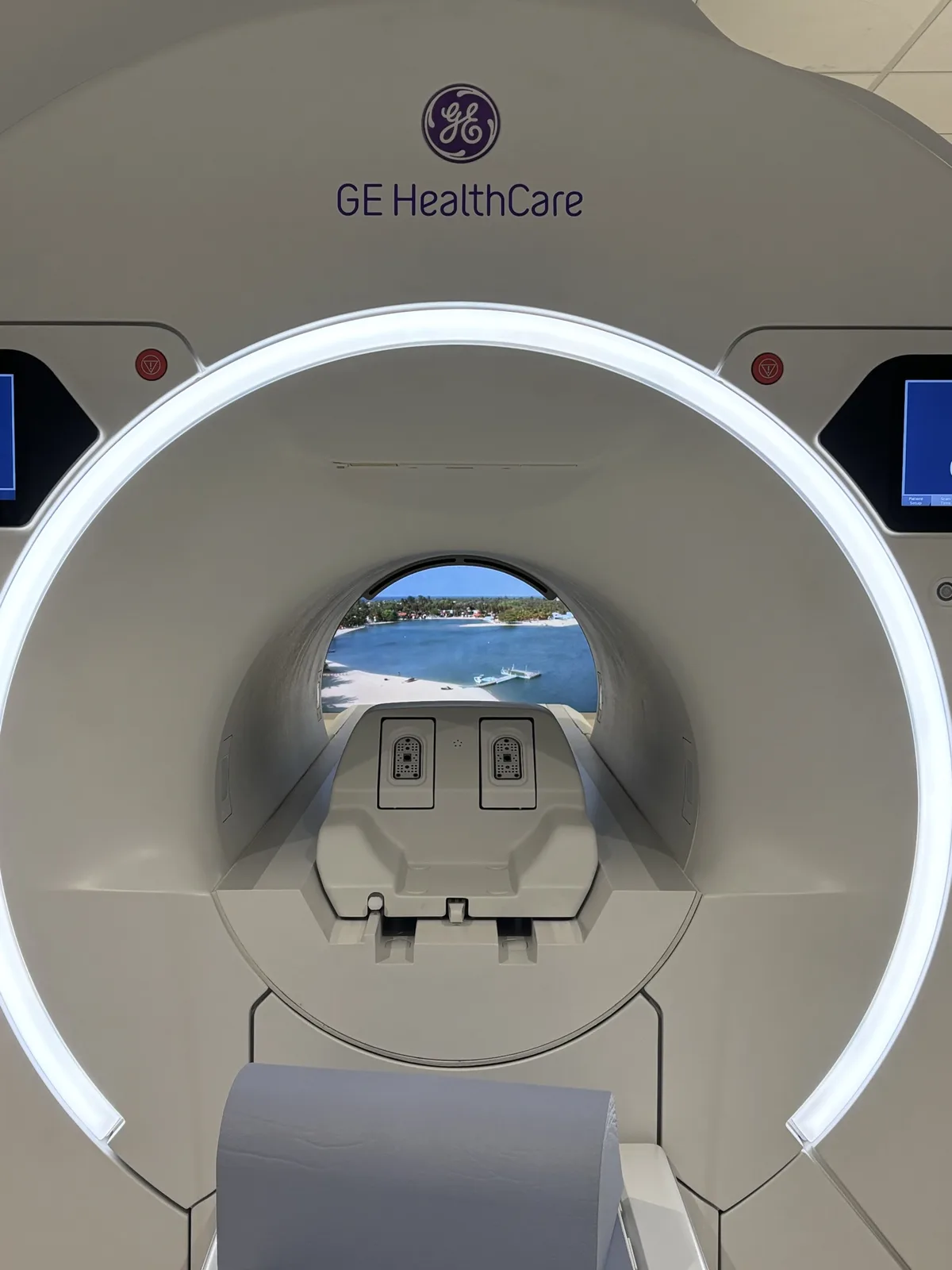 MRItv 4K Pro on screen through the bore of a GE scanner at LifeGenix, Dallas