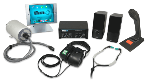 MRI Audio Sound System with mic, speakers, headphones, amplifier, ipad, and transducer