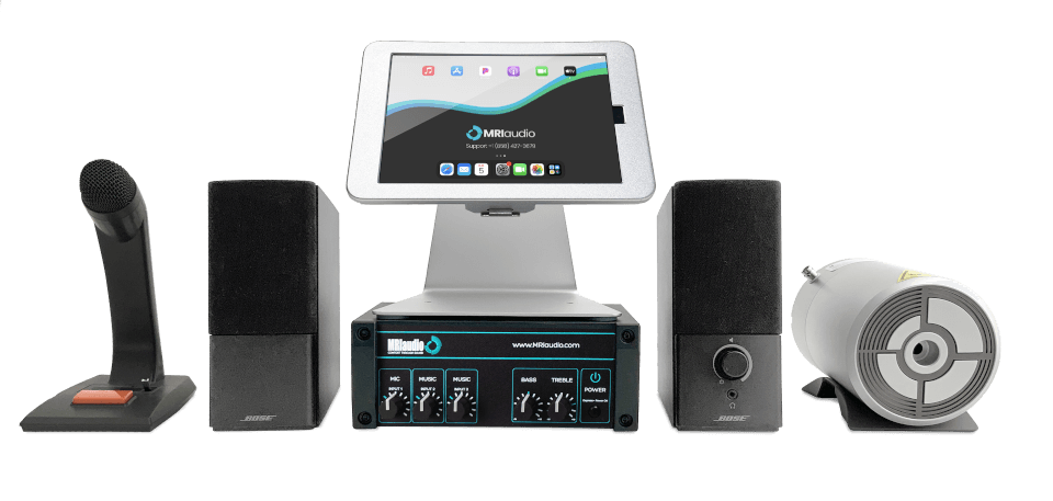 MRI audio premium sound music station with mic, speakers, amplifier, ipad, and transducer