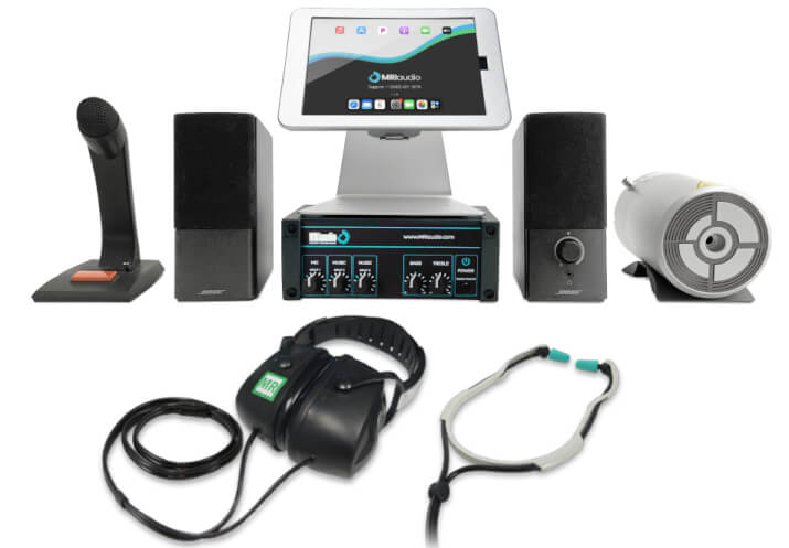 MRI Audio Sound System with mic, speakers, headphones, amplifier, ipad, and transducer