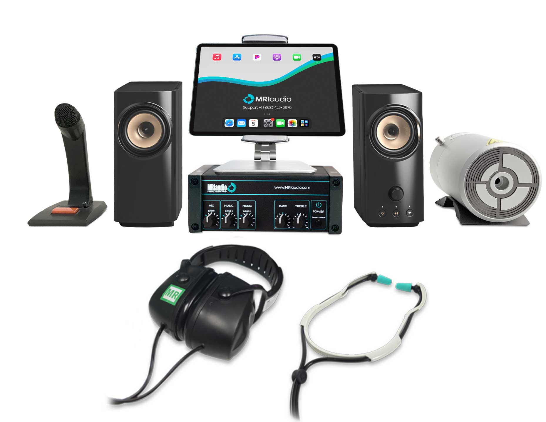 MRI Audio Sound System with mic, speakers, headphones, amplifier, ipad, and transducer